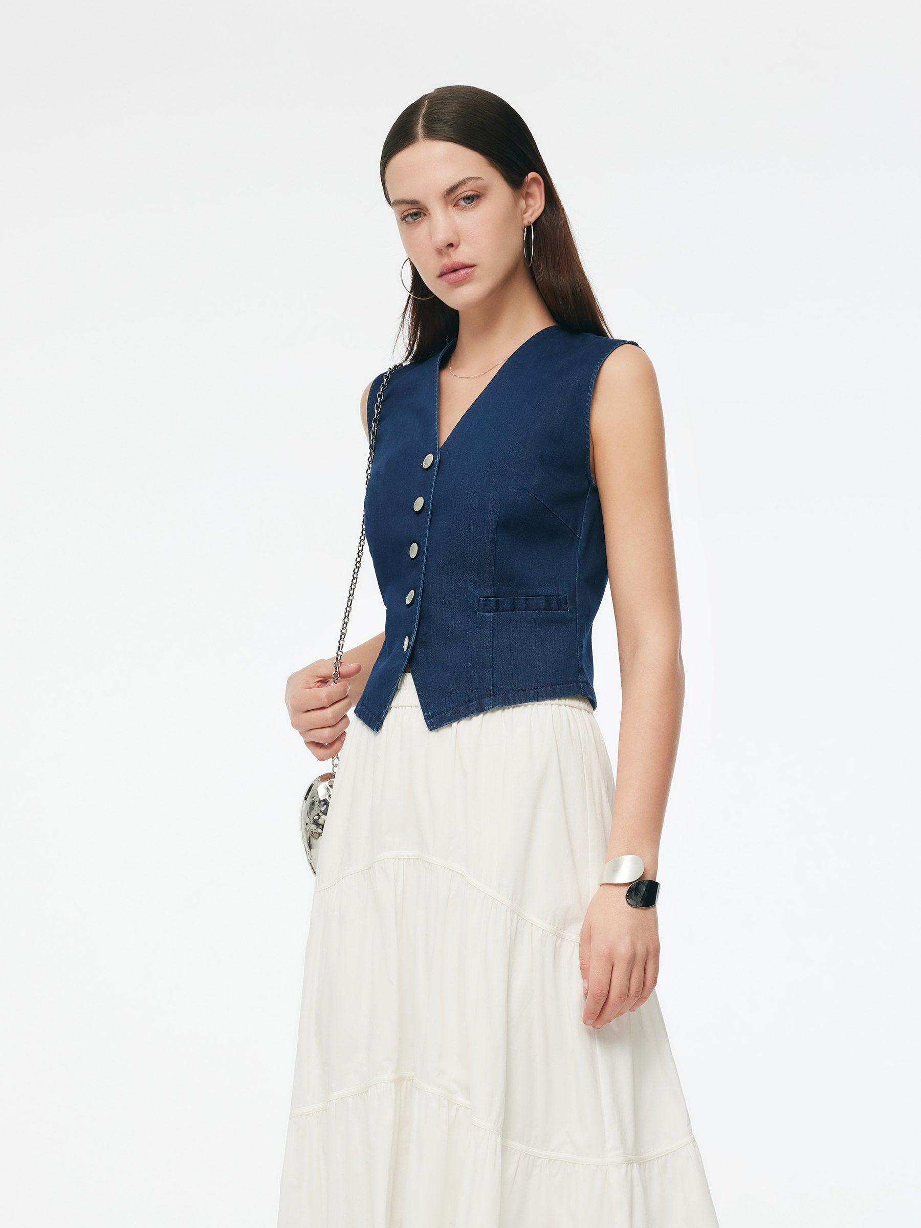 Denim Single-Breasted Women Stretchy Vest Product Image
