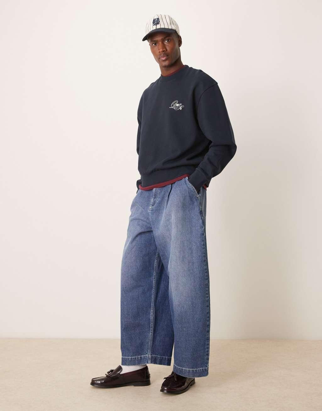 ASOS DESIGN boxy oversized sweatshirt with chest embroidery in navy Product Image