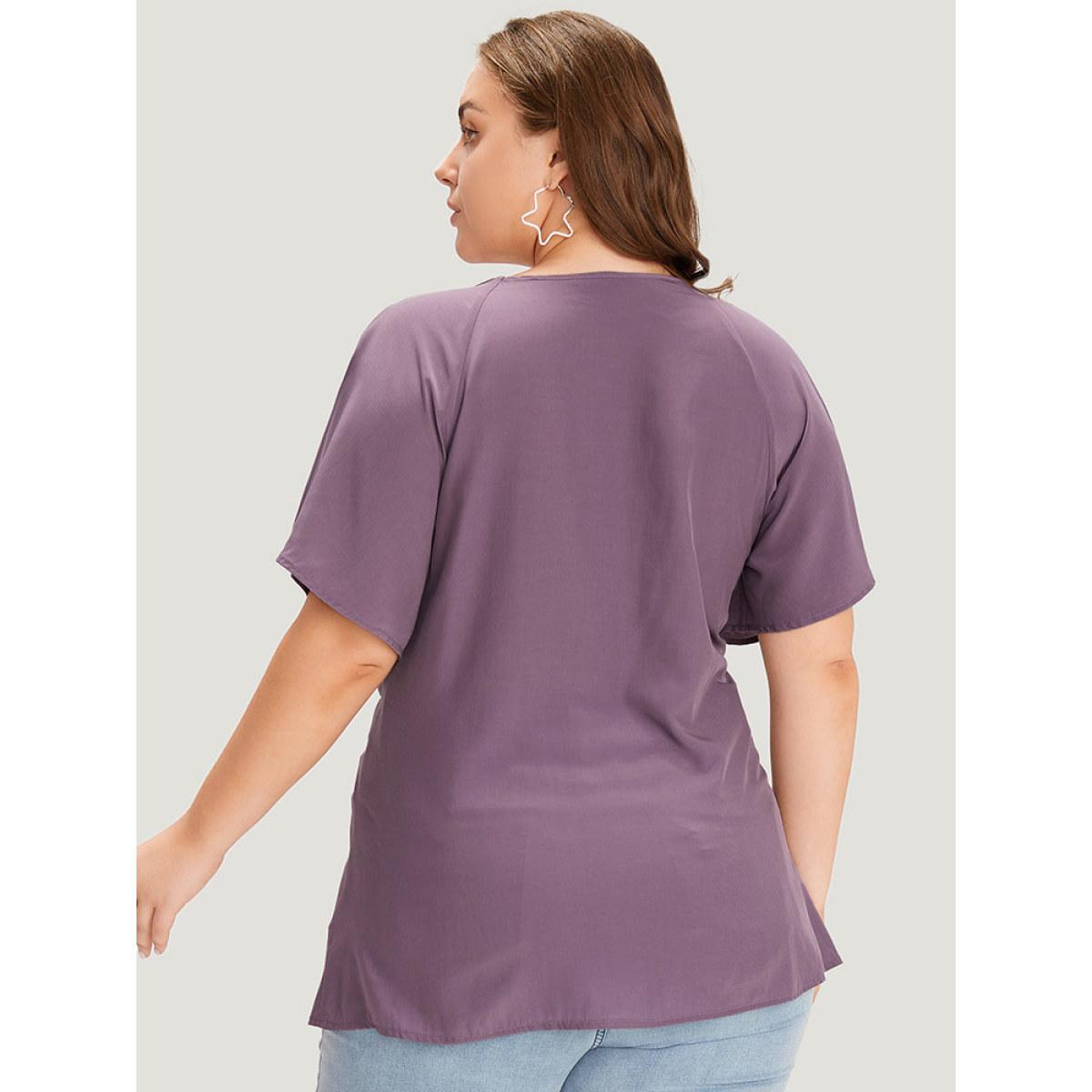 Plus Size Mauve Supersoft Essentials Plain Keyhole Twist Front Ruffle Blouse Women Elegant Short sleeve Round Neck Dailywear Blouses BloomChic 30/6X Product Image