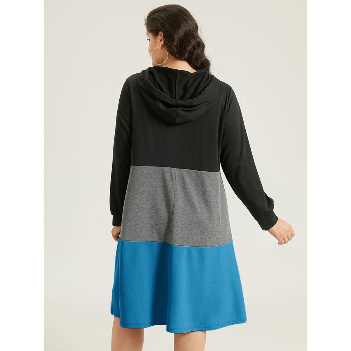 Plus Size Colorblock Contrast Hooded Drawstring Dress Scarlet Women Casual Contrast Hooded Long Sleeve Curvy Midi Dress BloomChic 12/L Product Image