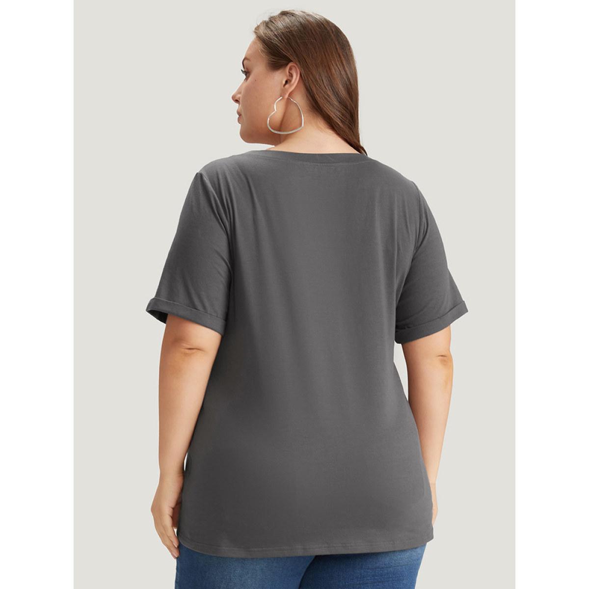 Plus Size Feather Print Roll Sleeve T-shirt DimGray Women Casual Printed Feather Dailywear T-shirts BloomChic 14-16/1X Product Image