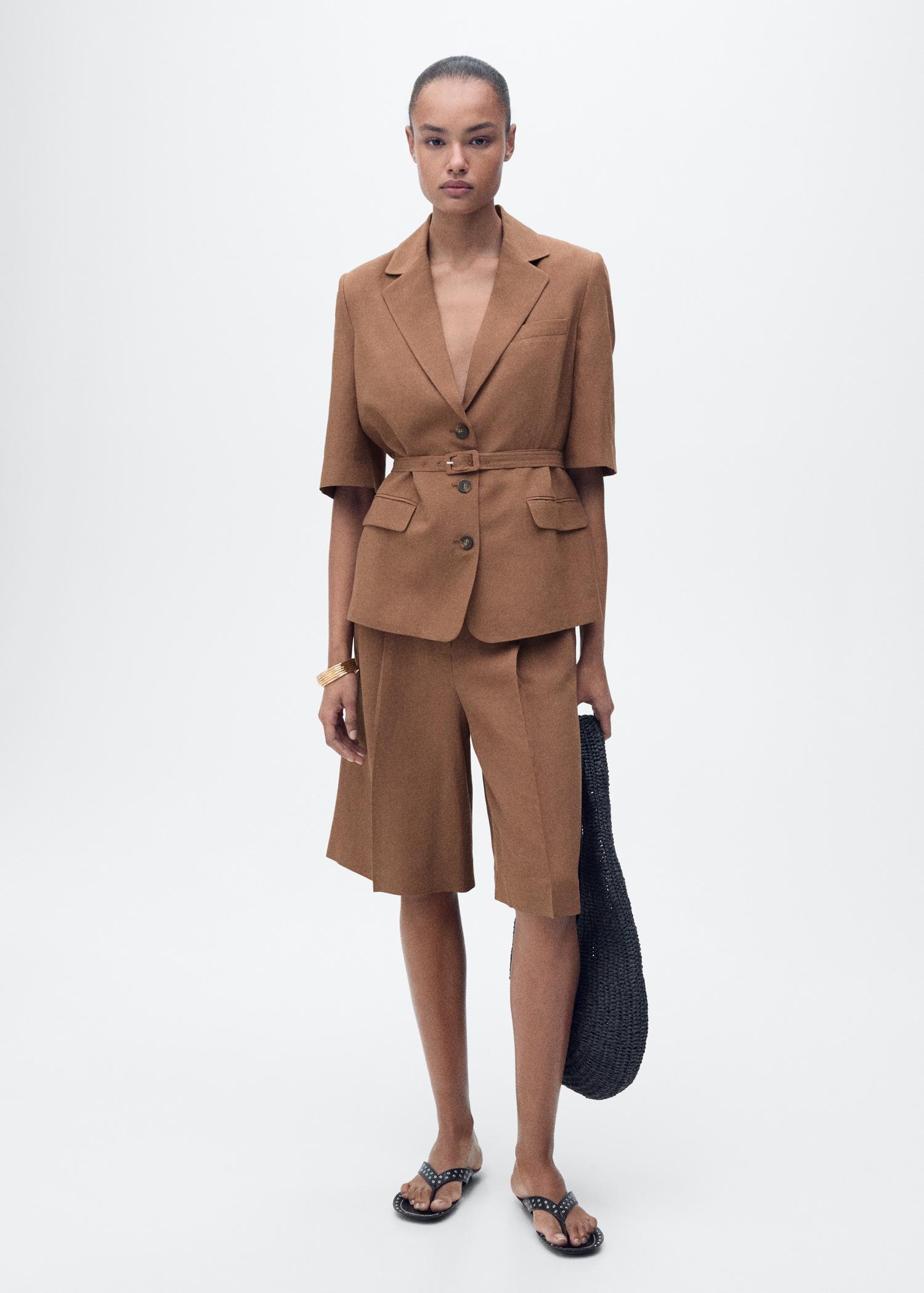 Linen-blend suit blazer with belt - Women | MANGO USA Product Image