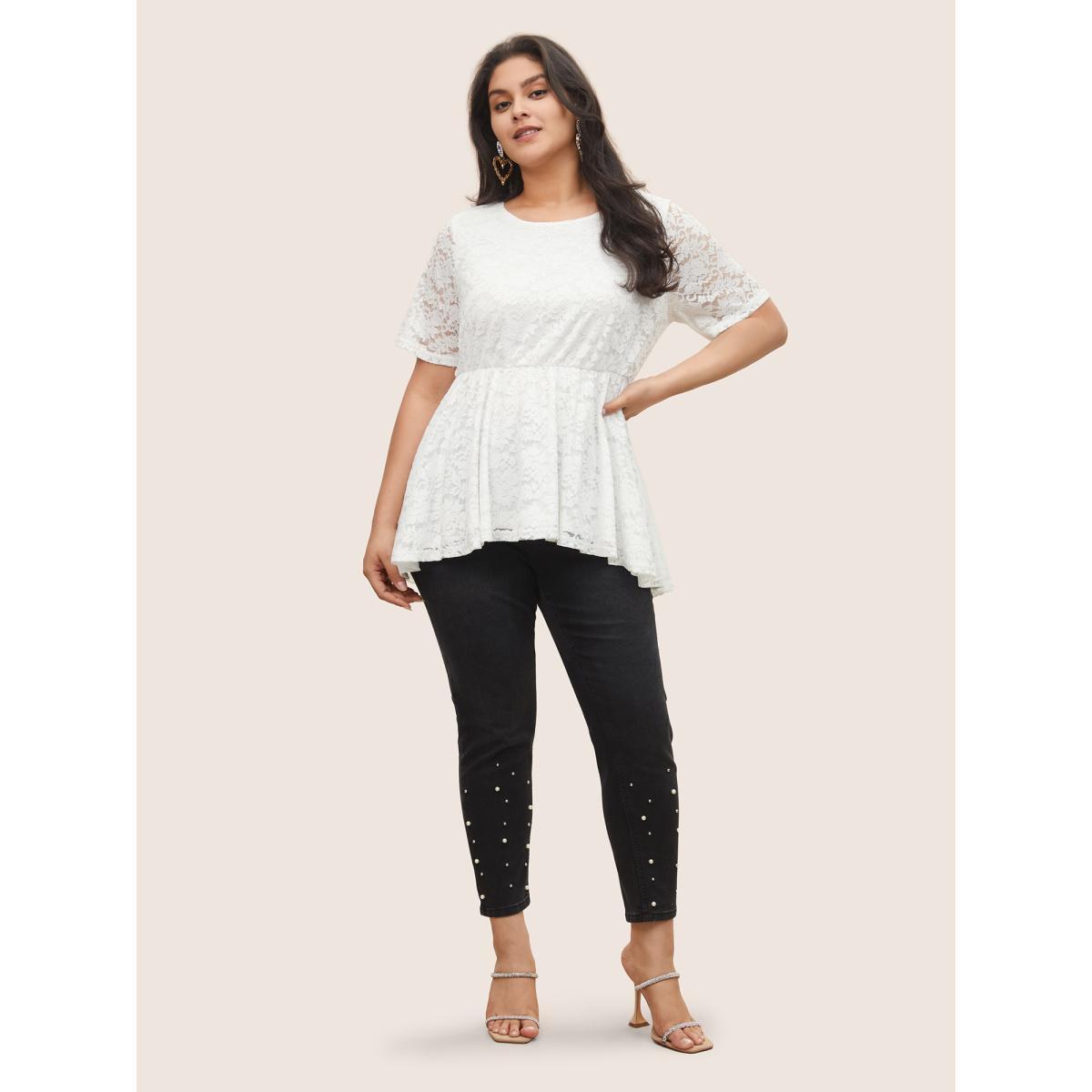 Plus Size White Solid Lace Panel High Low Hem Blouse Women Elegant Short sleeve Round Neck Everyday Blouses BloomChic 10/M Product Image