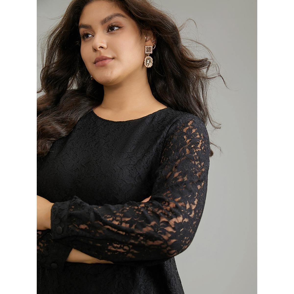 Plus Size Black Solid Crochet Lace Mesh Crew Neck Blouse Women Cocktail Long Sleeve Round Neck Party Blouses BloomChic 12/L Product Image