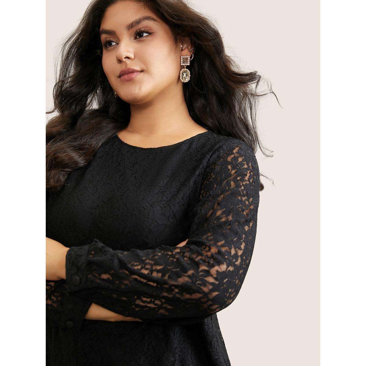 Plus Size Black Solid Crochet Lace Mesh Crew Neck Blouse Women Cocktail Long Sleeve Round Neck Party Blouses BloomChic 28/5X Product Image