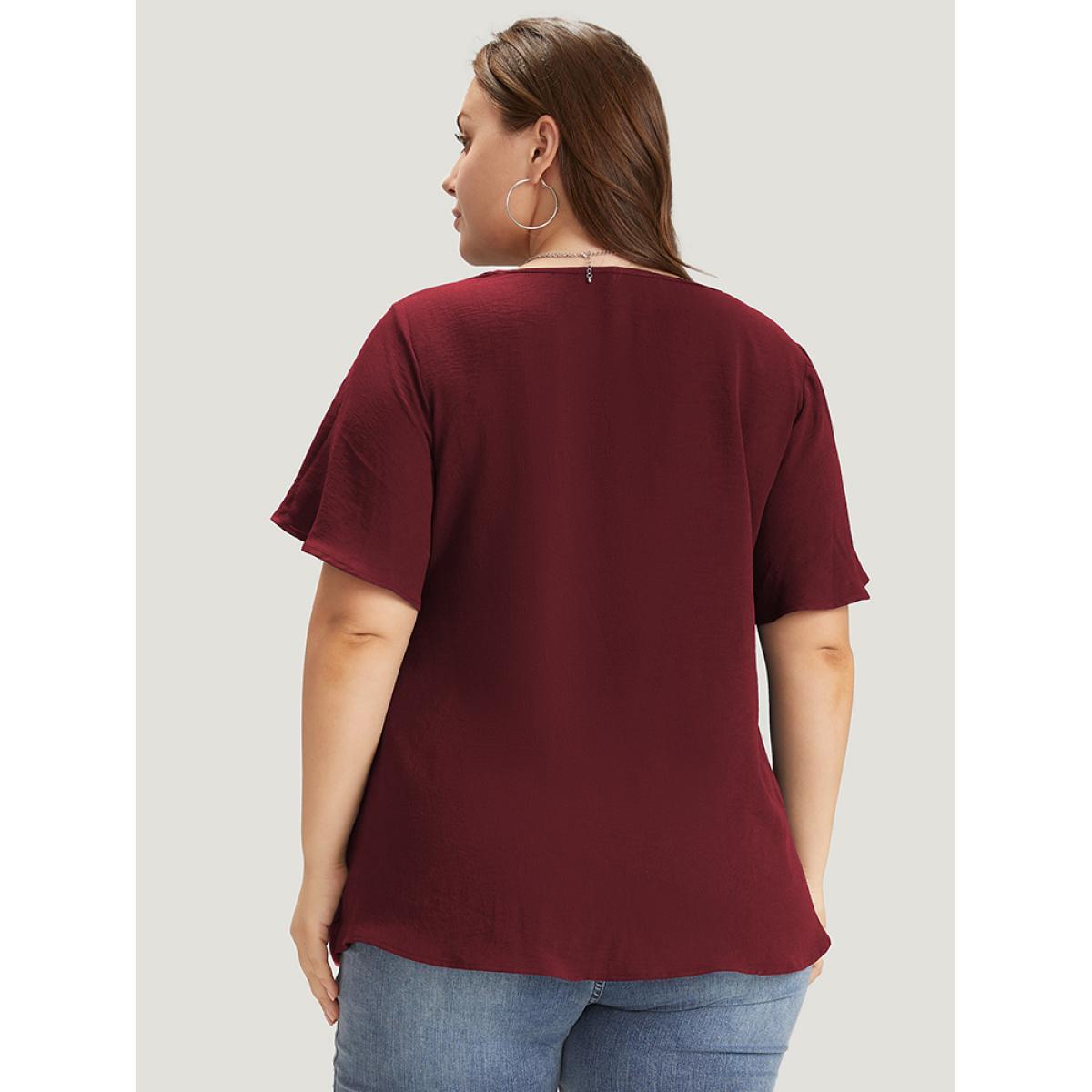 Plus Size Burgundy Solid Pleated V Neck Blouse Women Office Short sleeve V-neck Dailywear Blouses BloomChic 26/4X Product Image