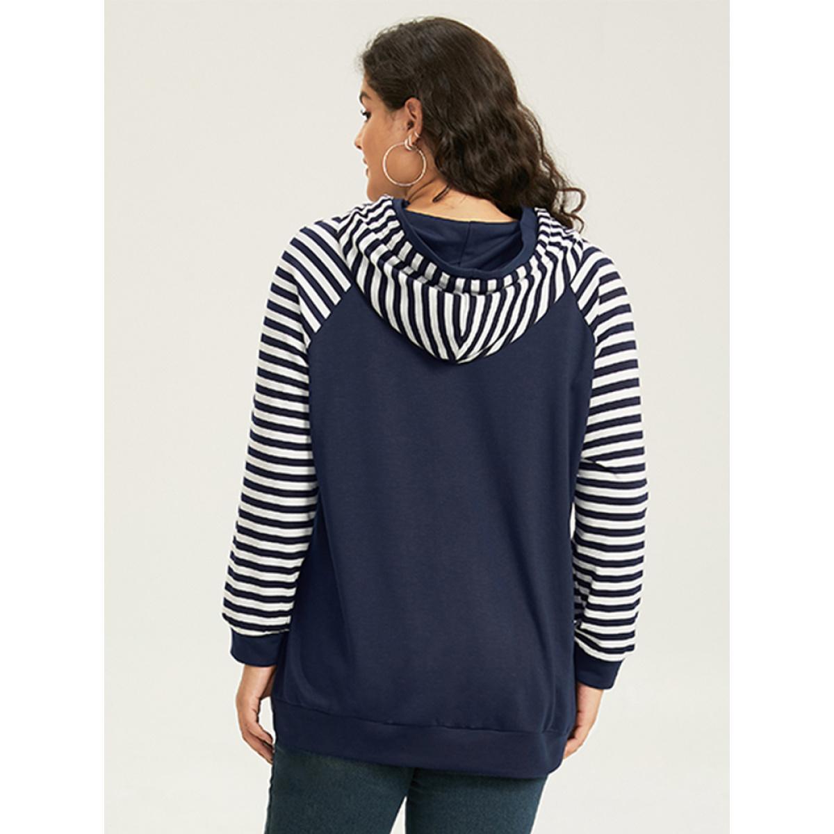 Plus Size Striped Patchwork Drawstring Hooded Pocket Sweatshirt Women Indigo Casual Contrast Hooded Dailywear Sweatshirts BloomChic 14-16/1X Product Image