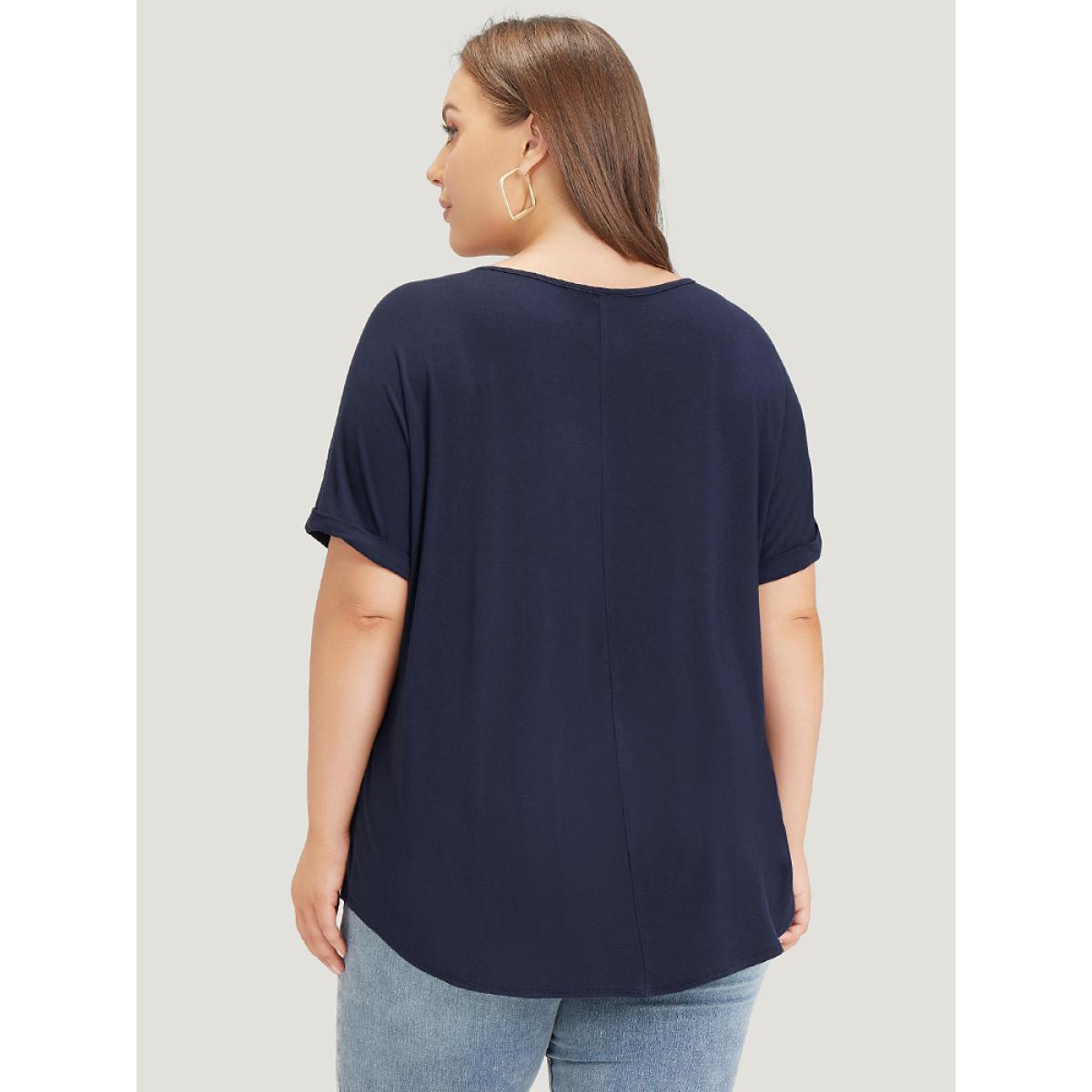 Plus Size Solid Notched Crisscross Roll Batwing Sleeve T-shirt Midnight Women Elegant Arc Hem Plain Notched collar Dailywear T-shirts BloomChic 26/4X Product Image