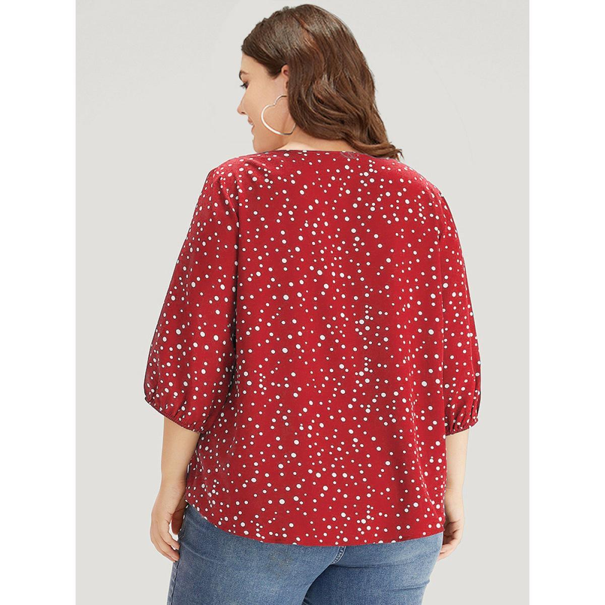 Plus Size Raspberry Polka Dot Knot Neck Arc Hem Blouse Women Elegant Elbow-length sleeve Tie Neck Dailywear Blouses BloomChic 18-20/2X Product Image