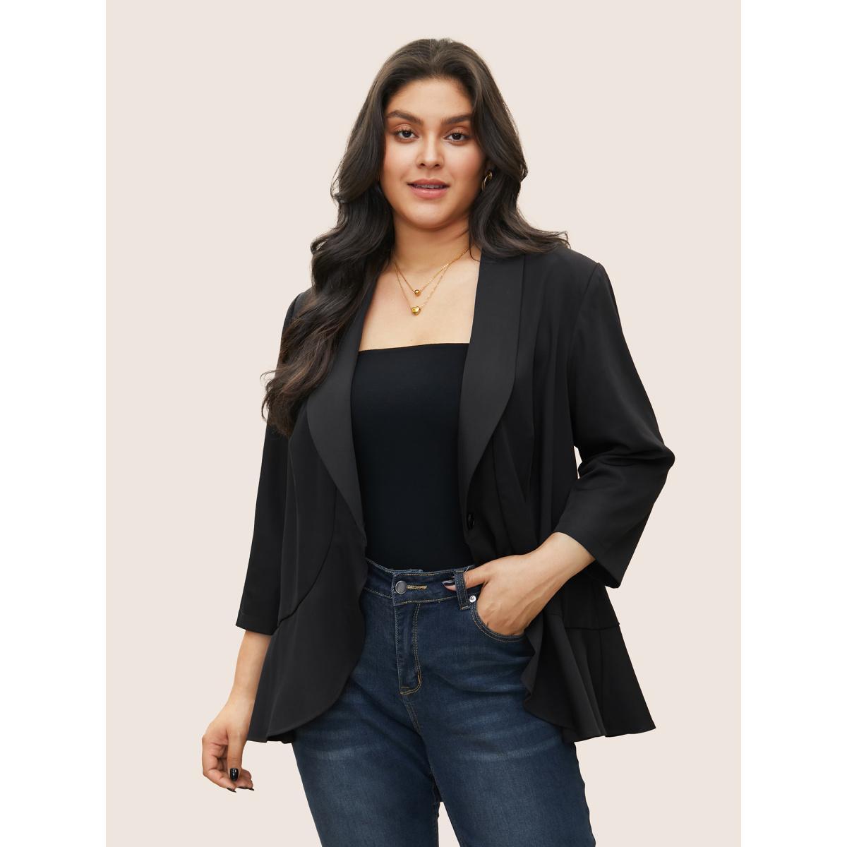 Plus Size Solid Patchwork Ruffles Blazer Black Women Work Plain Non Sleeve Elbow-length sleeve Suit Collar 14-16/1X At the Office Blazers BloomChic Product Image