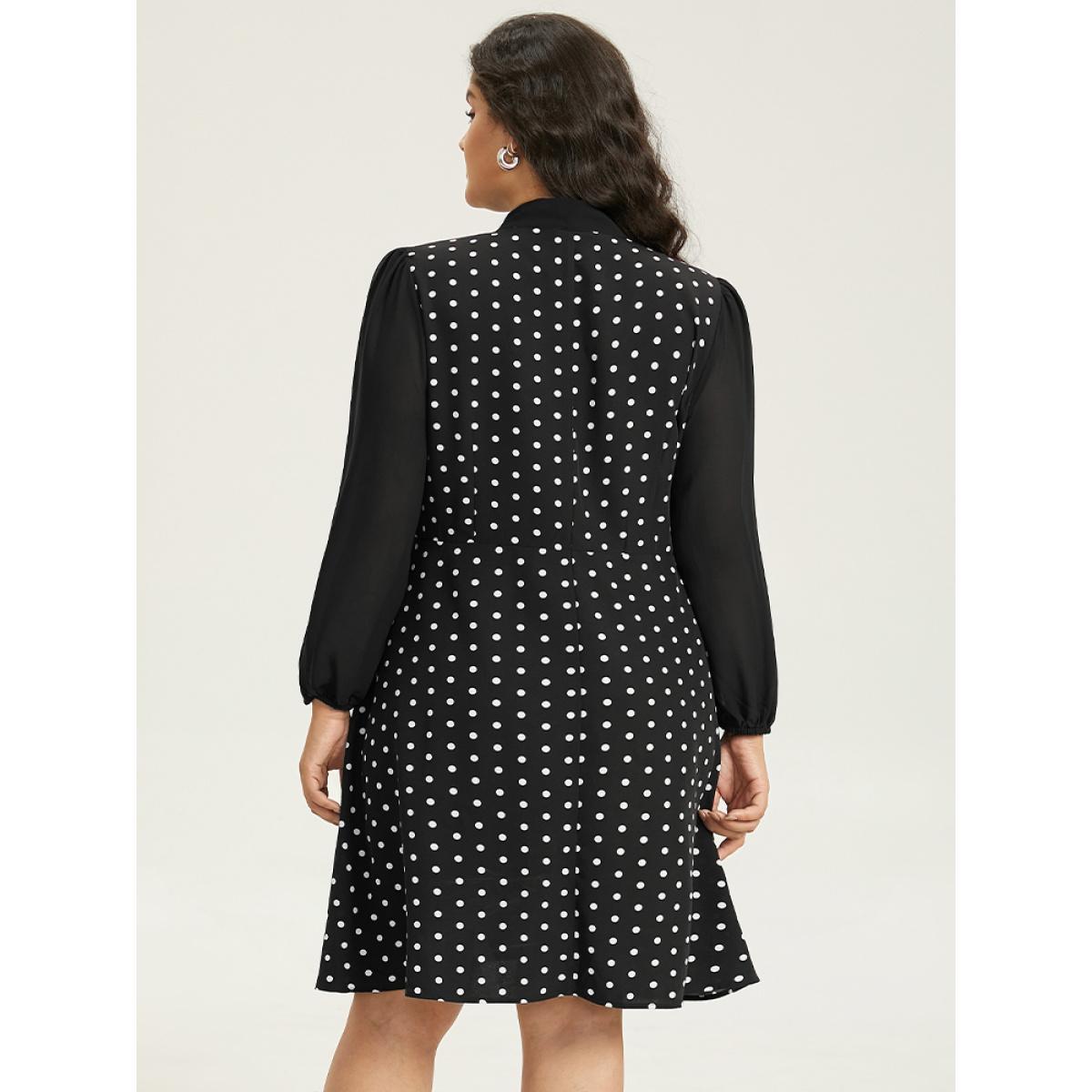 Plus Size Polka Dot Patchwork Knot Lantern Sleeve Dress Black Women Office Elastic cuffs Tie Neck Long Sleeve Curvy Midi Dress BloomChic 28/5X Product Image