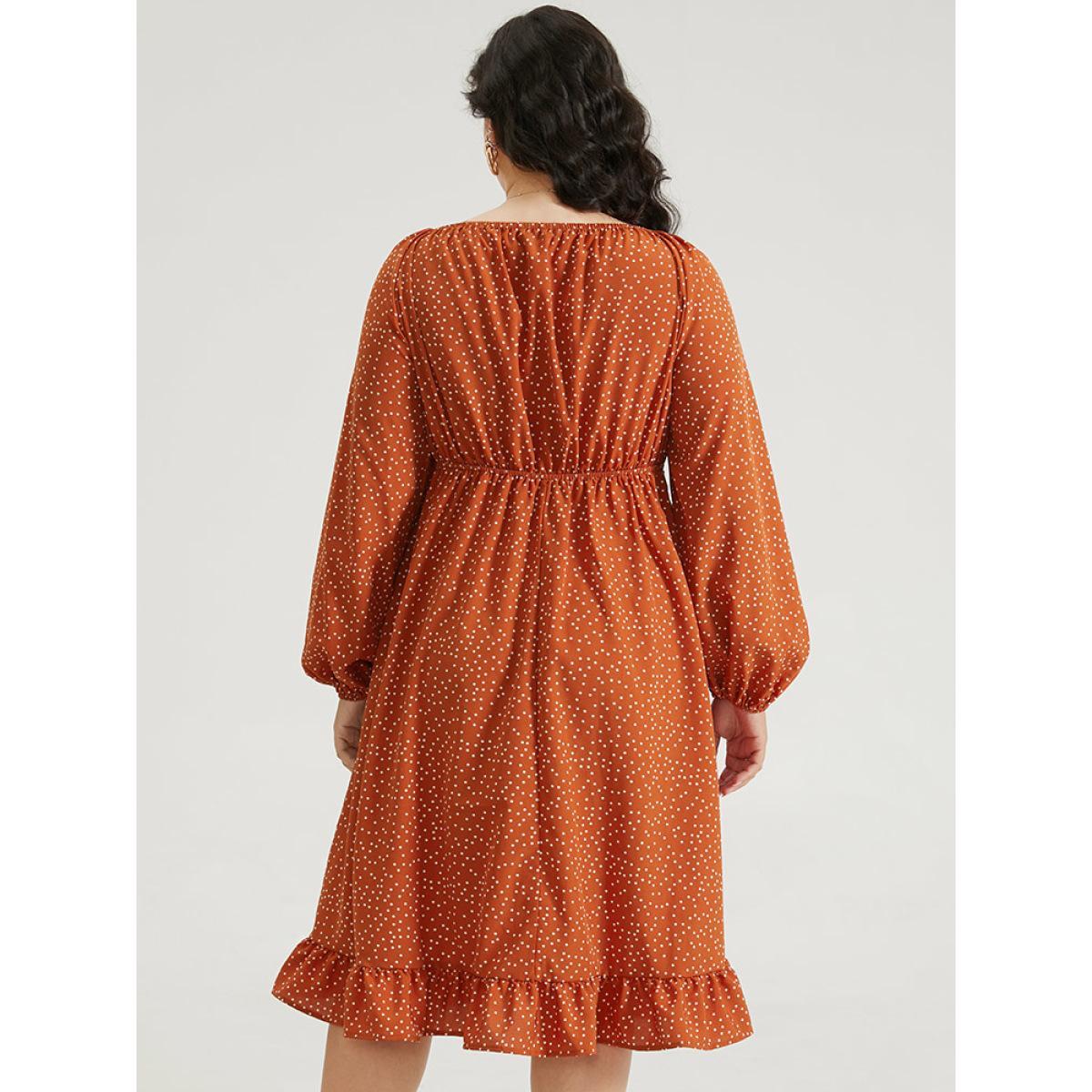 Plus Size Polka Dot Ruched Square Neck Dress Rust Women Elegant Elastic cuffs Square Neck Long Sleeve Curvy Midi Dress BloomChic 14-16/1X Product Image