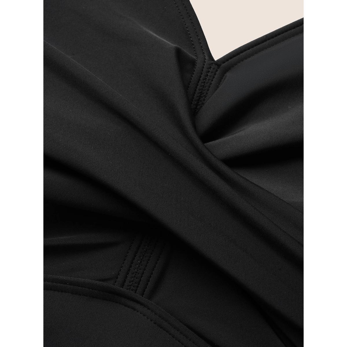 Plus Size Solid Ruffles Gathered See Through Swim Dress Women's Swimwear Black Beach Bodycon V-neck High stretch Curve Swim Dresses BloomChic 26/4X Product Image