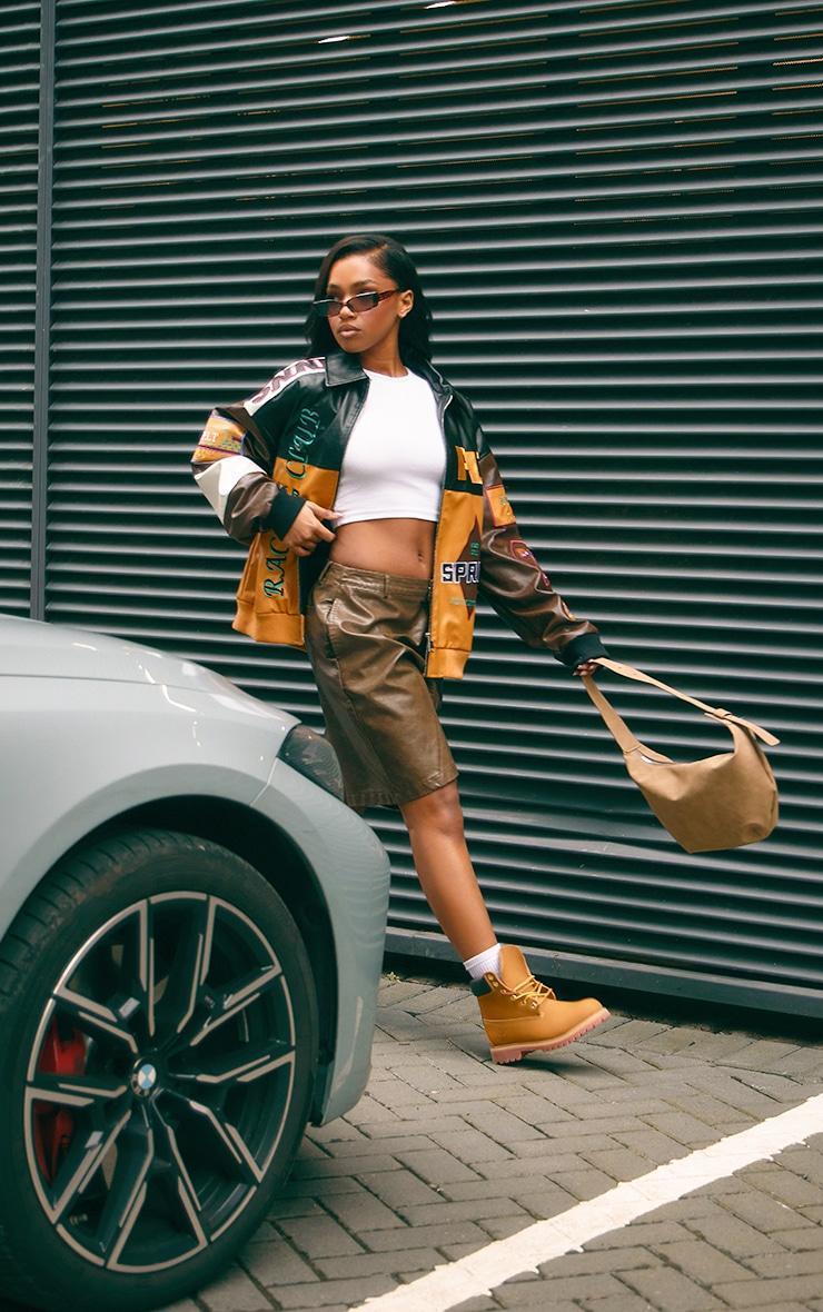  Mustard Faux Leather Graphics Oversized Racer Jacket Product Image