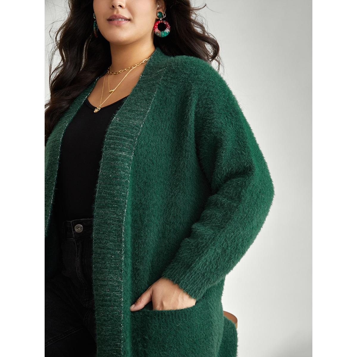 Plus Size Lurex Fuzzy Patched Pocket Tunic Cardigan DarkGreen Women Casual Loose Long Sleeve Dailywear Cardigans BloomChic 26/4X Product Image