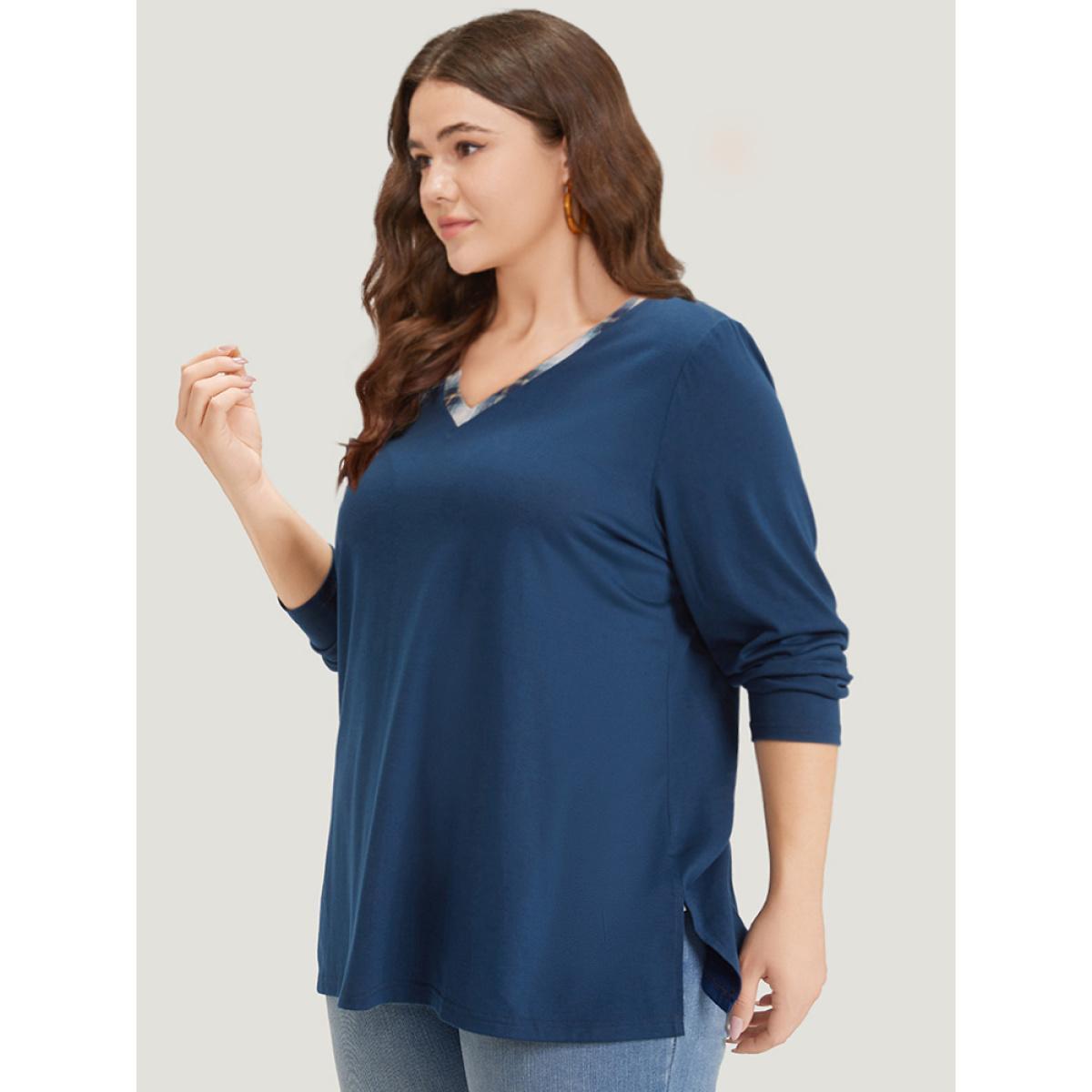 Plus Size Plaid Patchwork V Neck Split Side T-shirt Indigo Women Casual Patchwork Gingham V-neck Dailywear T-shirts BloomChic 12/L Product Image