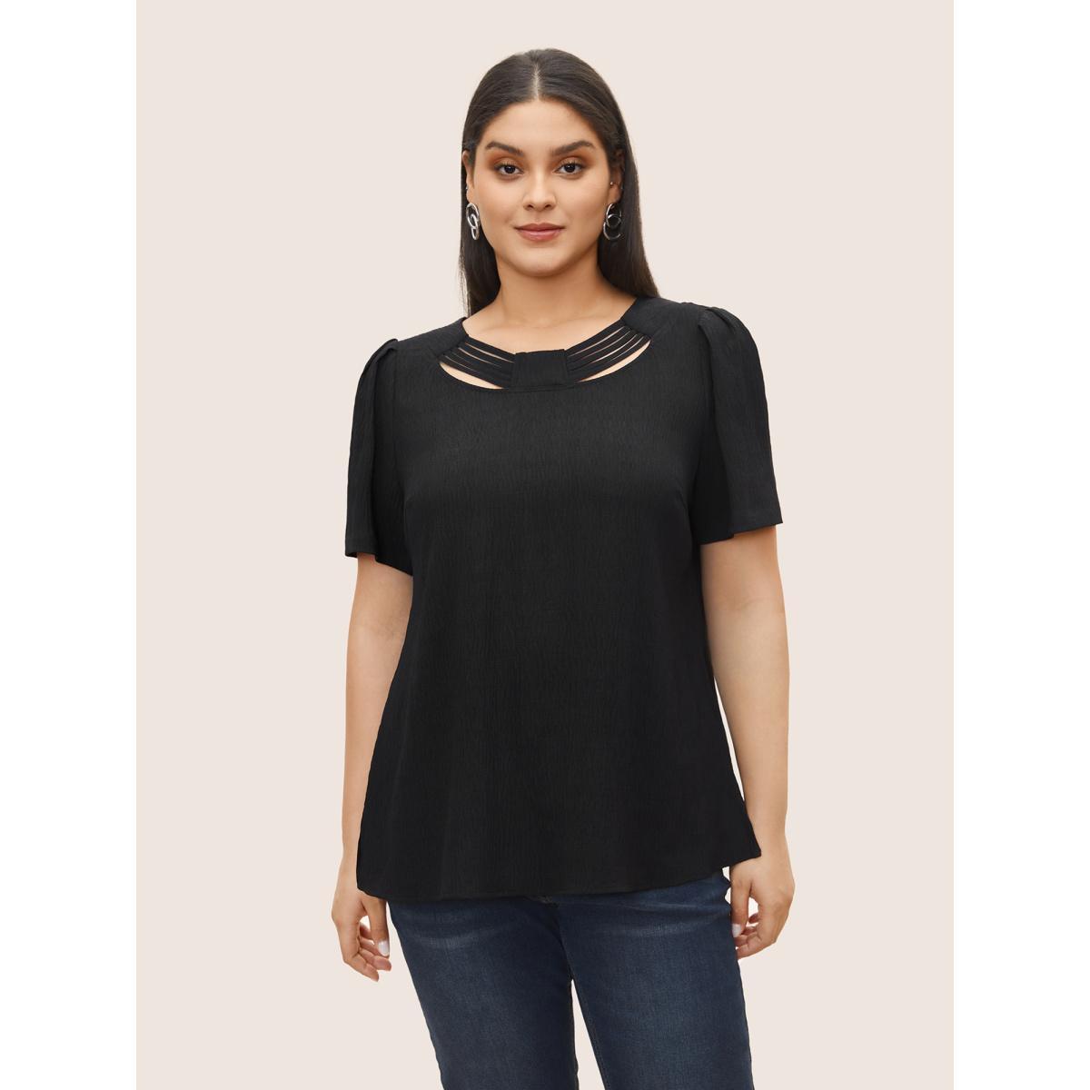 Plus Size Black Stretchy Woven Wraparound Straps Cut Out Blouse Women At the Office Short sleeve Round Neck Work Blouses BloomChic 12/L Product Image