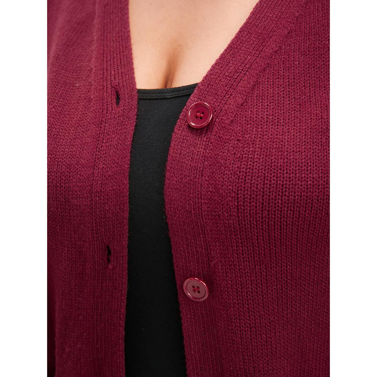 Plus Size Solid Pointelle Knit Pocket Belted Button Front Cardigan Scarlet Women Casual Loose Long Sleeve Work Cardigans BloomChic 28/5X Product Image