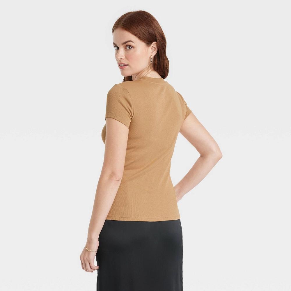 Women's Slim Fit Short Sleeve Ribbed T-Shirt - A New Day™ Tan XXL: Cotton Modal Blend, Crew Neck, Pullover Product Image