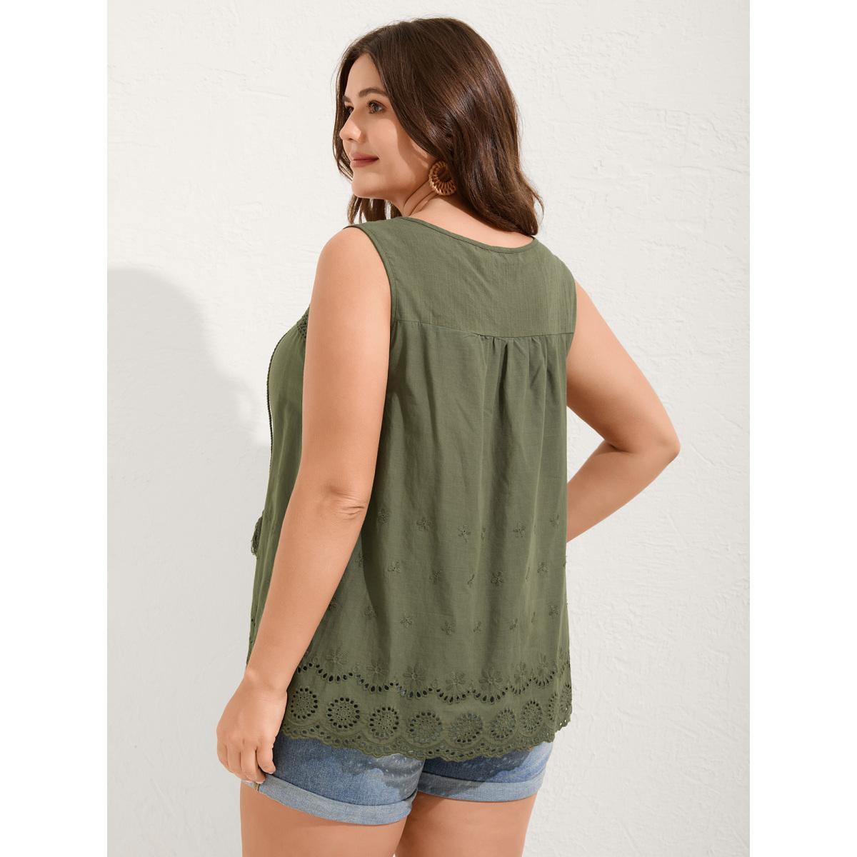 Plus Size Cotton Eyelet Embroidered Flowy Tank Top Women ArmyGreen Woven ribbon&lace trim Notched collar Vacation Tank Tops Camis BloomChic 30/6X Product Image