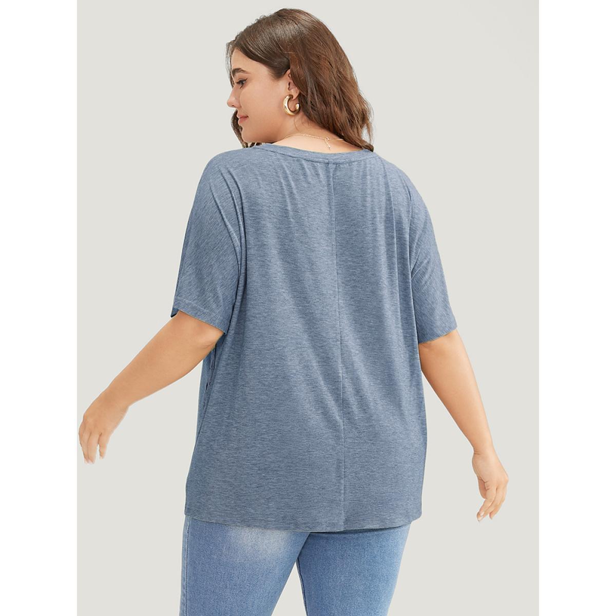 Plus Size Solid Contrast Lace Ruffle Sleeve T-shirt Stone Women Elegant Lace Plain Round Neck Everyday T-shirts BloomChic 12/L Product Image