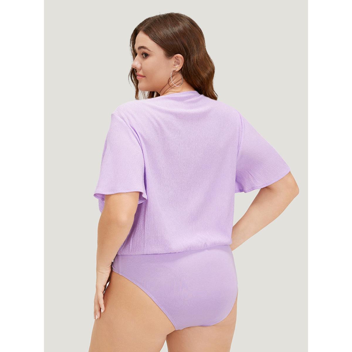Plus Size Solid Ruffle Sleeve V Neck Ruched Bodysuit Women Lilac Plain Plain Bodysuits BloomChic 18-20/2X Product Image