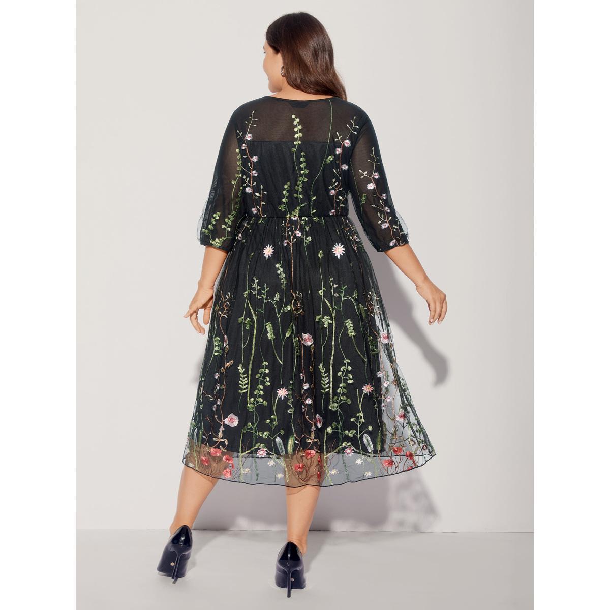 Plus Size Floral Embroidered Elastic Waist Lined Midi Dress Black Women Cocktail Texture Party Curvy Bloomchic 22-24/3X Product Image