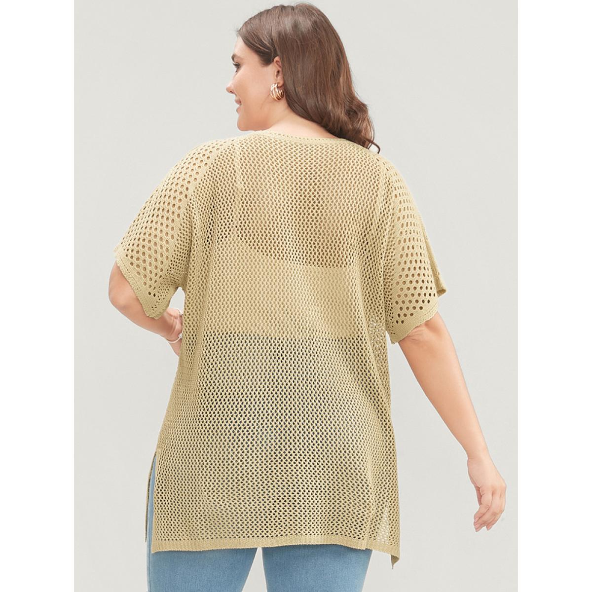 Plus Size Plain Split Cut Out Lace Up Knit Top Champagne Women Casual Loose Short sleeve Dailywear Pullovers BloomChic 10/M Product Image