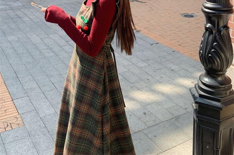 Turtleneck Plain Sweater / Square Neck Plaid Ruffle Midi Overall Dress Product Image