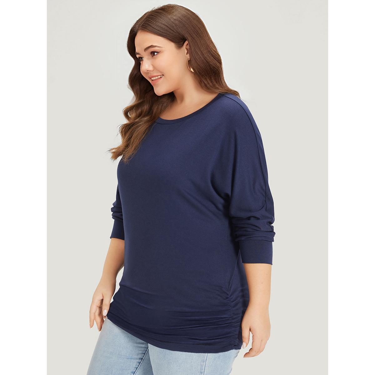 Plus Size Supersoft Essentials Plain Crew Neck Dolman Sleeve Sweatshirt Women Indigo Casual Elastic cuffs Round Neck Everyday Sweatshirts BloomChic 12/L Product Image