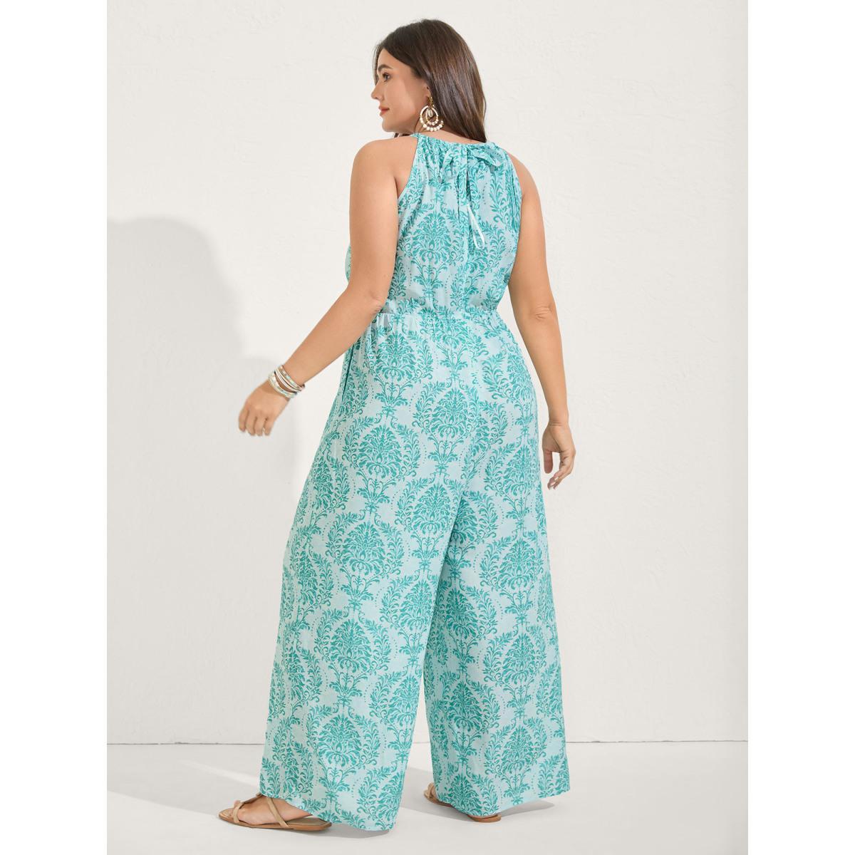 Plus Size Turquoise Rayon Damask Print Stretchy Waist Jumpsuit Women Sleeveless Halter neck Vacation Loose Jumpsuits BloomChic 26/4X Product Image