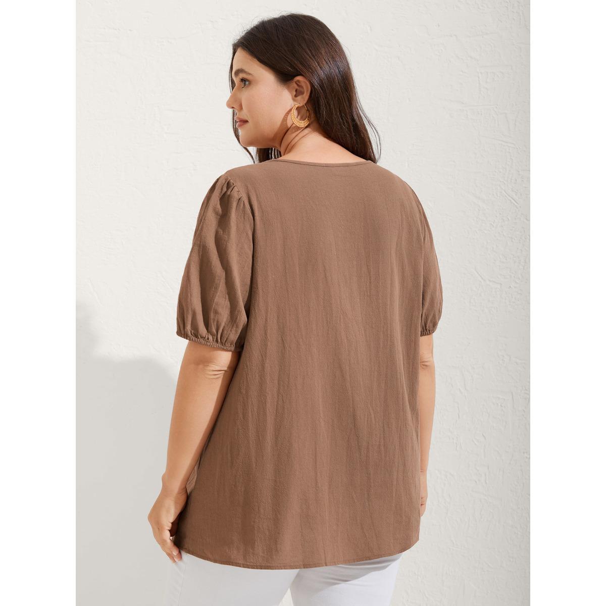 Plus Size Bronze Pure Cotton Embroidered Neck Blouse Women Short sleeve V-neck Vacation Blouses BloomChic 18-20/2X Product Image