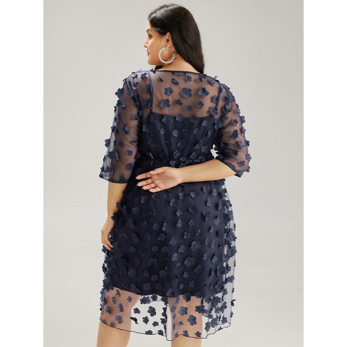 Plus Size Floral Embroidered Mesh Elastic Waist Crew Neck Dress DarkBlue Women Glamour See through Round Neck Elbow-length sleeve Curvy Knee Dress BloomChic 12/L Product Image