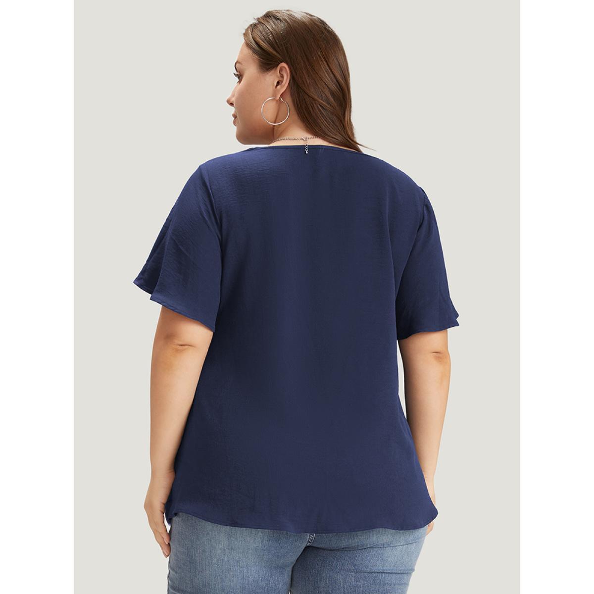 Plus Size Indigo Solid Pleated V Neck Blouse Women Office Short sleeve V-neck Dailywear Blouses BloomChic 18-20/2X Product Image