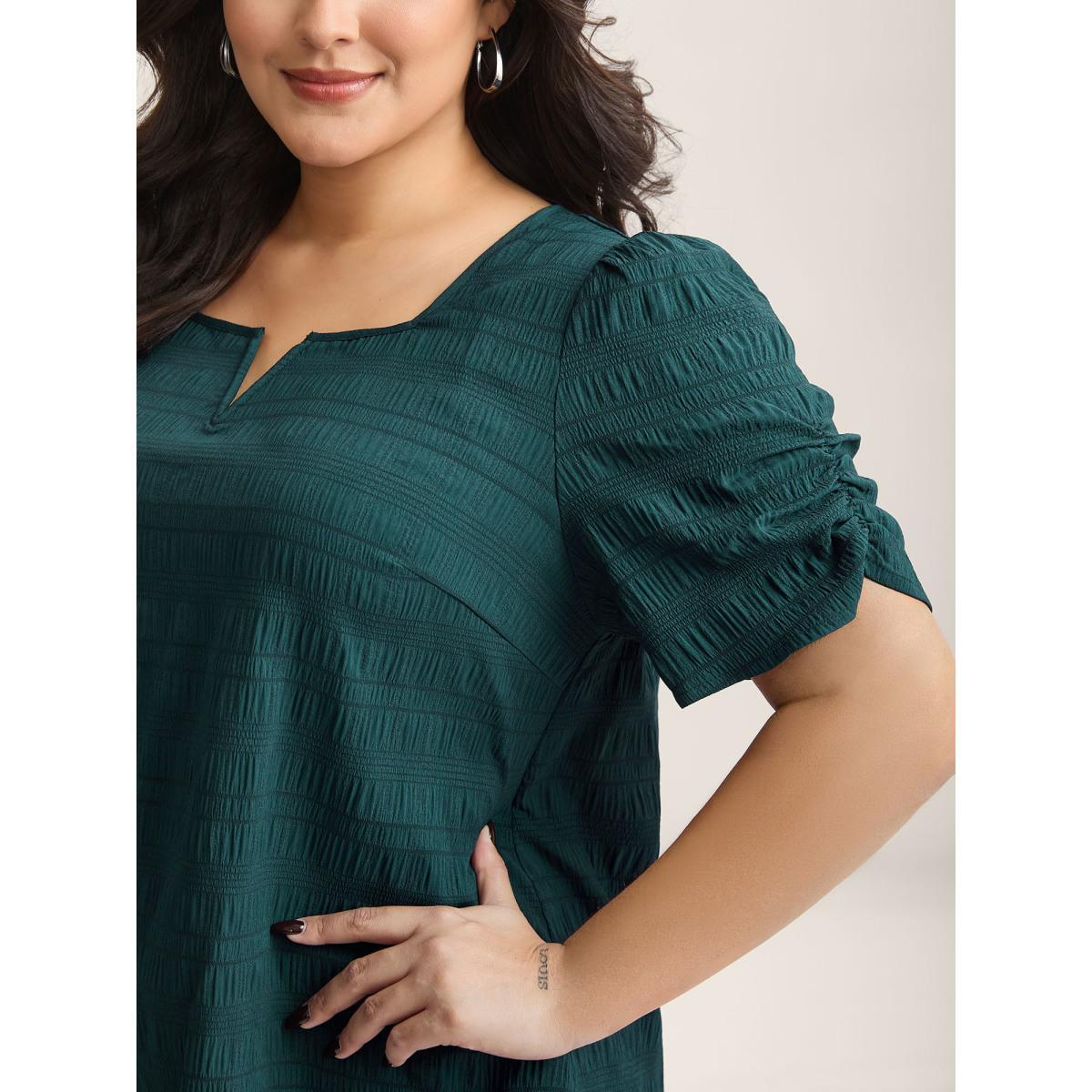 Plus Size DarkGreen Textured Gathered Sleeve Split Neck Blouse Women Short sleeve Asymmetrical Neck Work Blouses BloomChic 14-16/1X Product Image