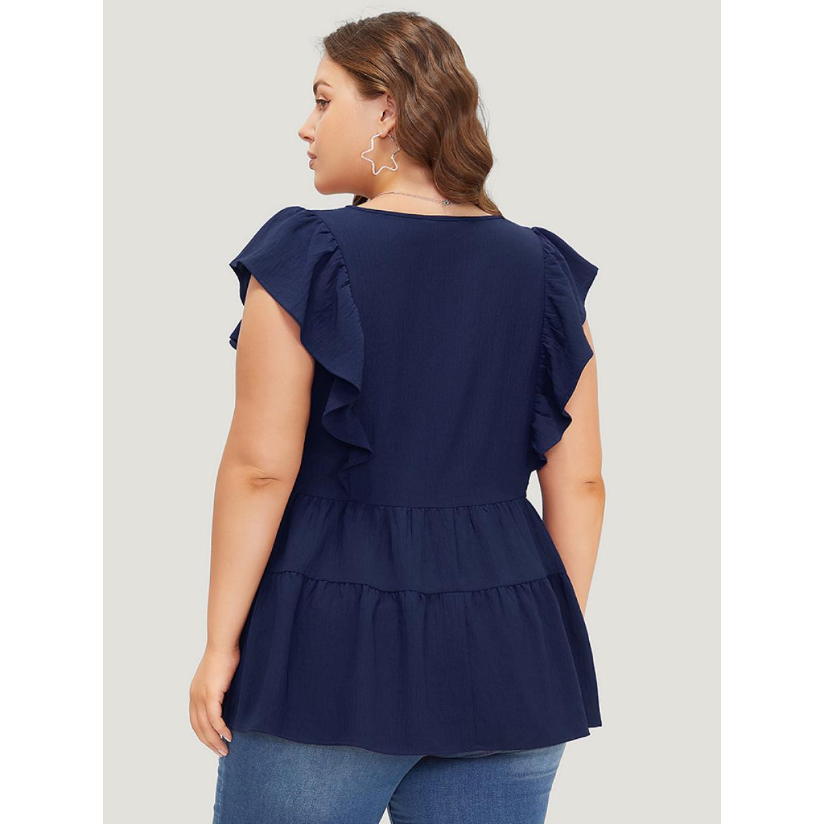 Plus Size Navy Solid Layered Hem Ruffle Cap Sleeve Blouse Women Elegant Cap Sleeve V-neck Everyday Blouses BloomChic 26/4X Product Image