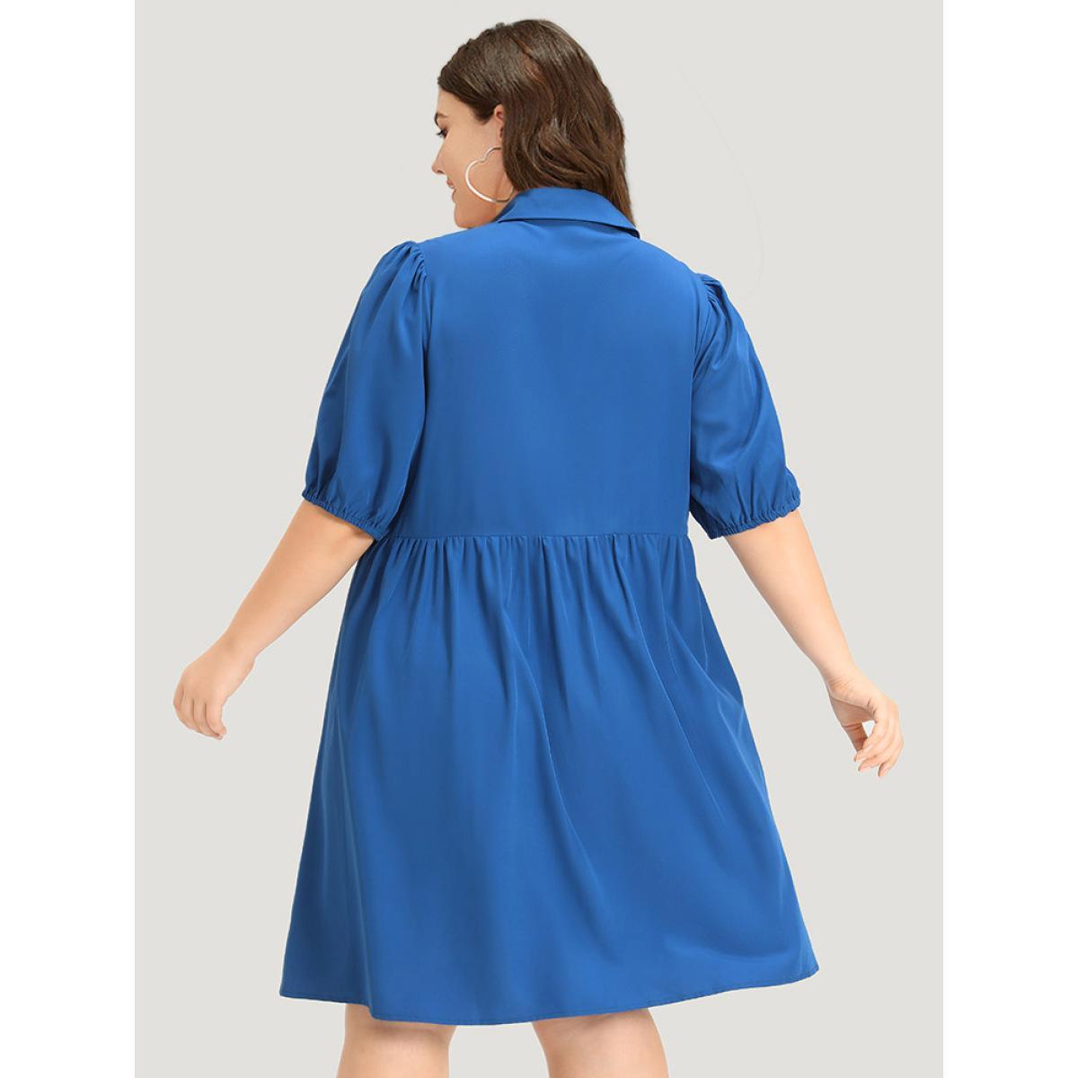 Plus Size Plain Shirt Collar Button Through Gathered Lantern Sleeve Dress Blue Women Elegant Elastic cuffs Shirt collar Half Sleeve Curvy Knee Dress BloomChic 30/6X Product Image
