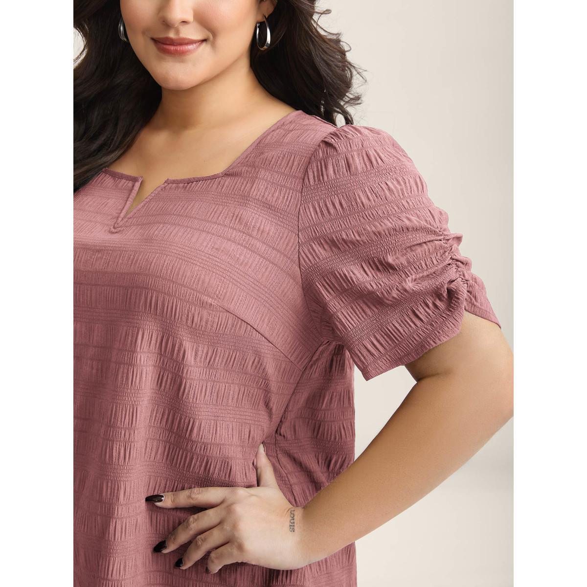 Plus Size Rouge Textured Gathered Sleeve Split Neck Blouse Women Short sleeve Asymmetrical Neck Work Blouses BloomChic 30/6X Product Image