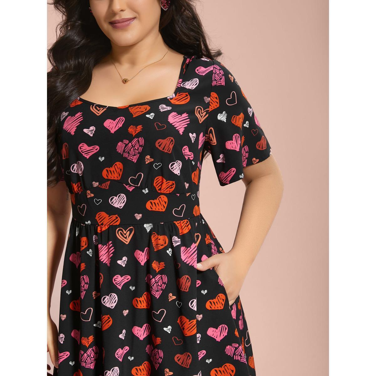 Plus Size Heart Print Ruched Stretchy Waist Dress Black Women Elegant Gathered Heart neckline Short sleeve Curvy BloomChic 14-16/1X Product Image