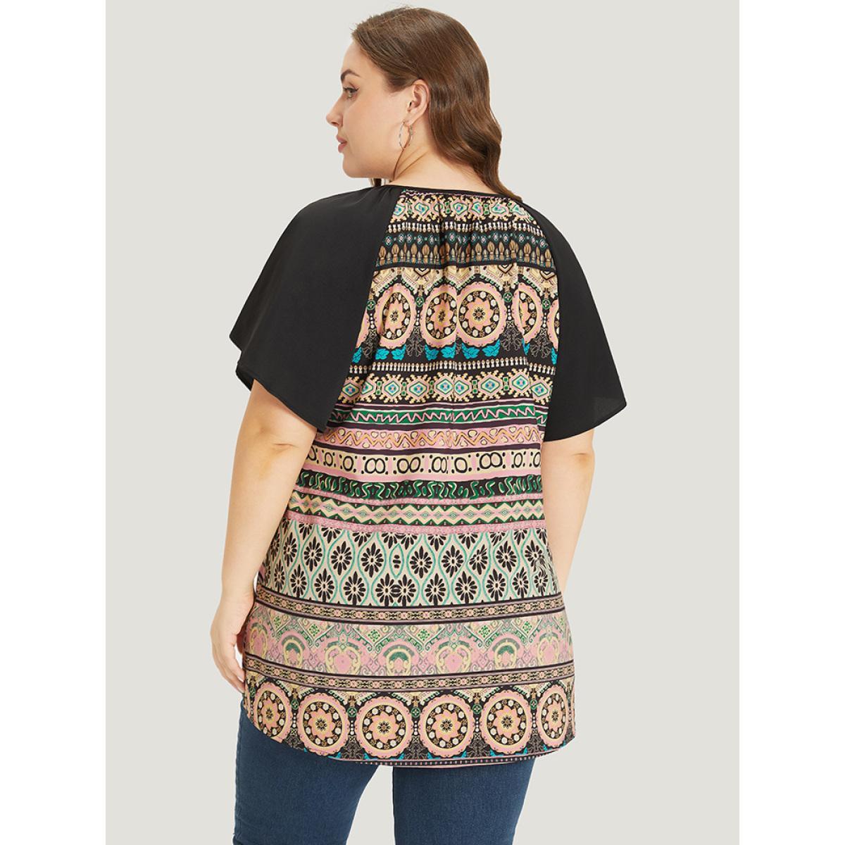 Plus Size Pink Moroccan Print Raglan Sleeve Tassels Tie Neck Blouse Women Vacation Short sleeve Tie Neck Dailywear Blouses BloomChic 30/6X Product Image
