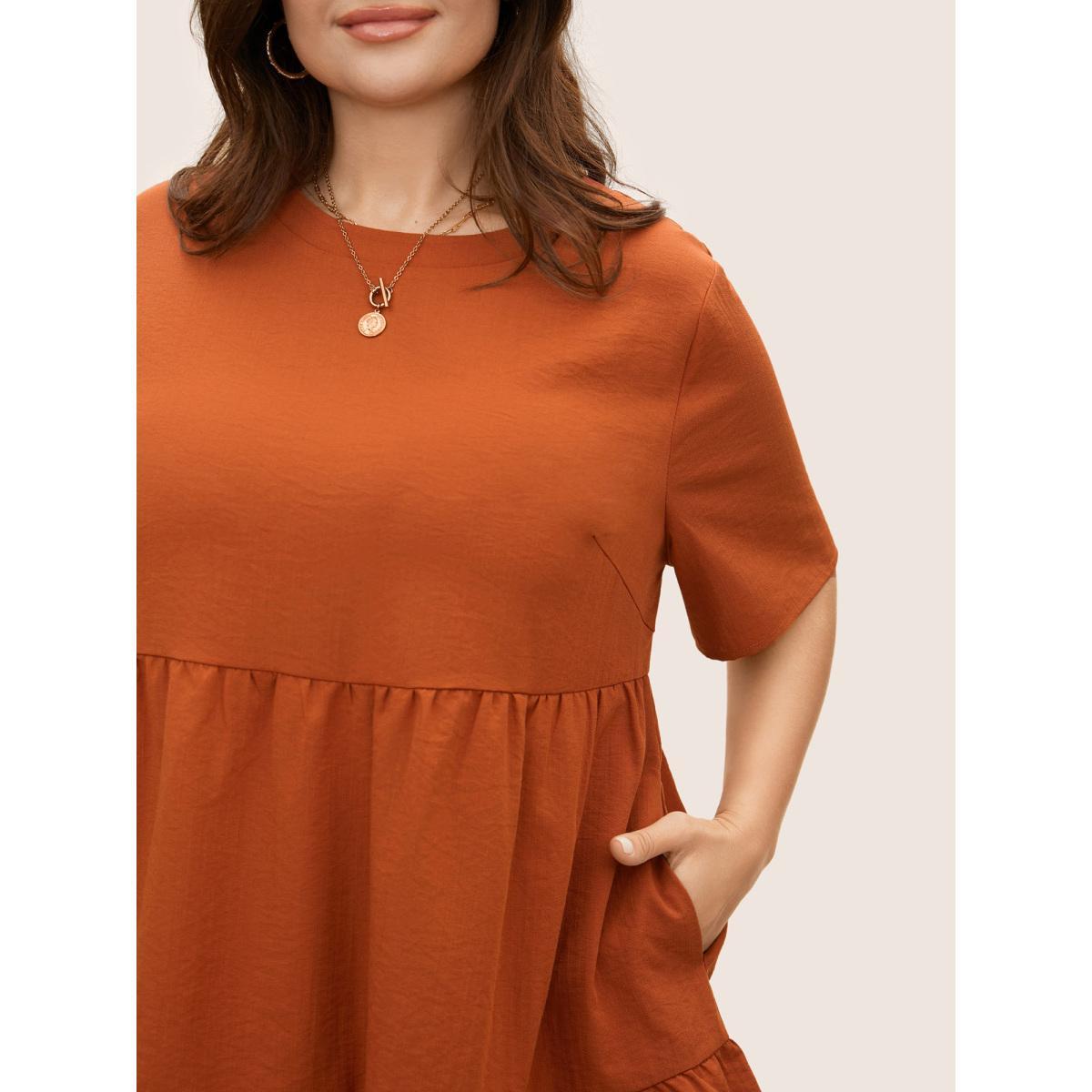 Plus Size Rust Solid Crew Neck Ruffle Hem Blouse Women Casual Short sleeve Round Neck Everyday Blouses BloomChic 14-16/1X Product Image