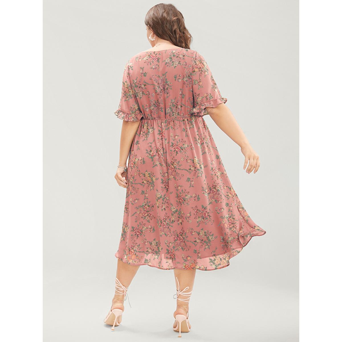 Plus Size Floral Print V Neck Elastic Waist Mesh Pocket Ruffles Dress DustyPink Women Elegant See through V-neck Short sleeve Curvy Midi Dress BloomChic 10/M Product Image