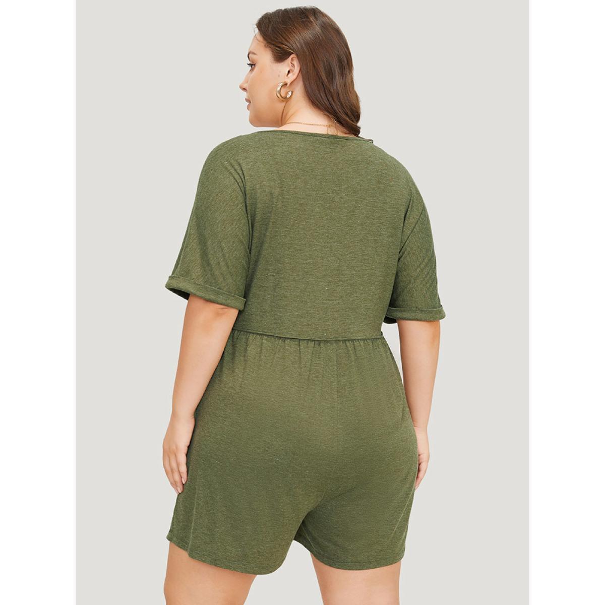 Plus Size ArmyGreen Solid Button Through Pocket Cuffed Batwing Sleeve Romper Women Casual Short sleeve V-neck Dailywear Loose Jumpsuits BloomChic 14-16/1X Product Image