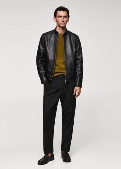 Mango Mens Zip-Detail Leather Biker Jacket Product Image