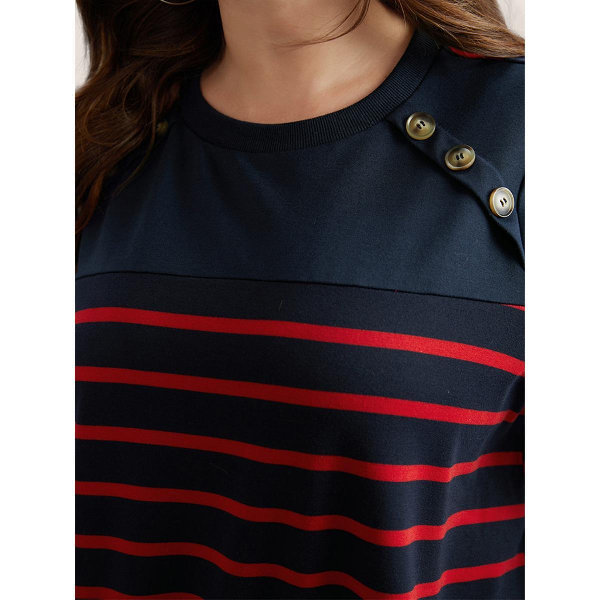 Plus Size Striped Patchwork Button Detail Sweatshirt Women Midnight Casual Non Round Neck Everyday Sweatshirts BloomChic 18-20/2X Product Image