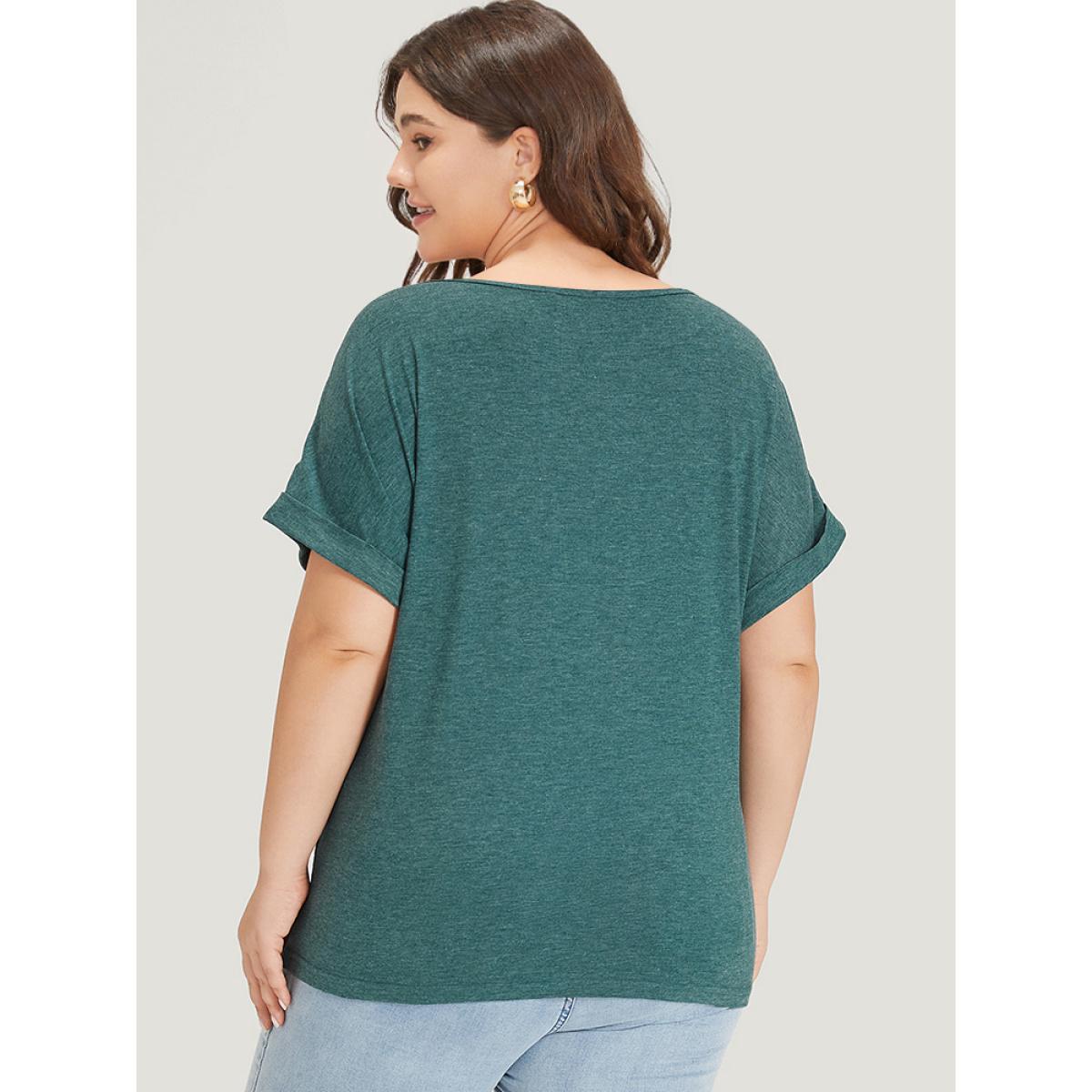 Plus Size Plain V Neck Button Detail Roll Dolman Sleeve T-shirt Cyan Women Casual Plain Plain V-neck Dailywear T-shirts BloomChic 26/4X Product Image