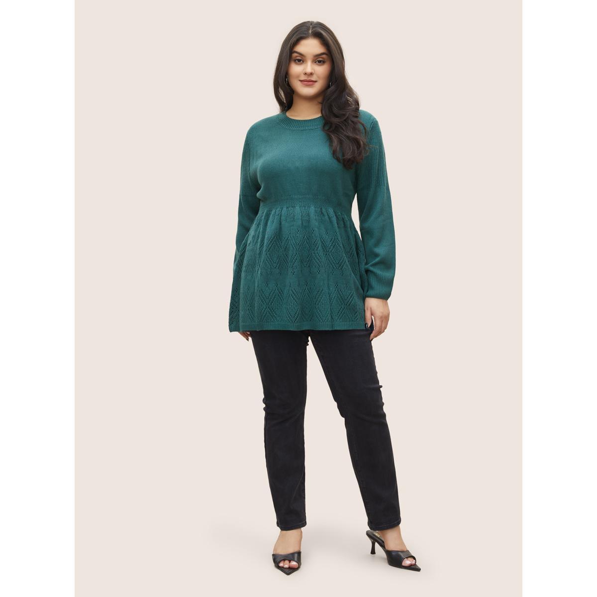 Plus Size Solid Hollow Out Elastic Waist Knit Pullover Teal Women Casual Long Sleeve Round Neck Everyday Pullovers BloomChic 22-24/3X Product Image