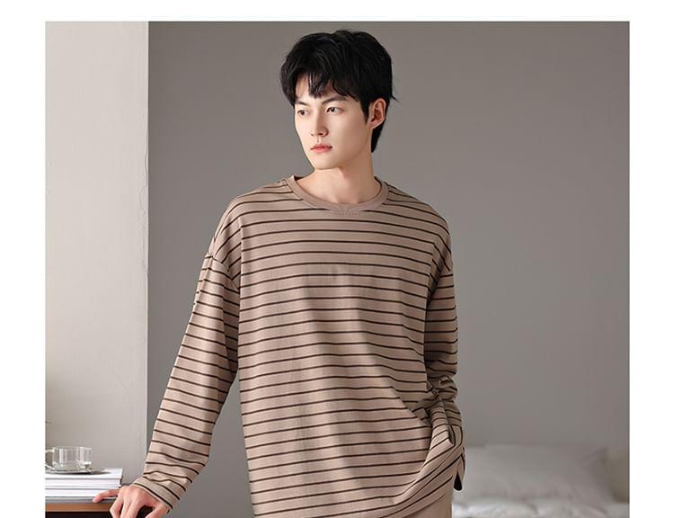 Pajama Set: Long-Sleeve Round Neck Striped T-Shirt + Plain Pants Product Image