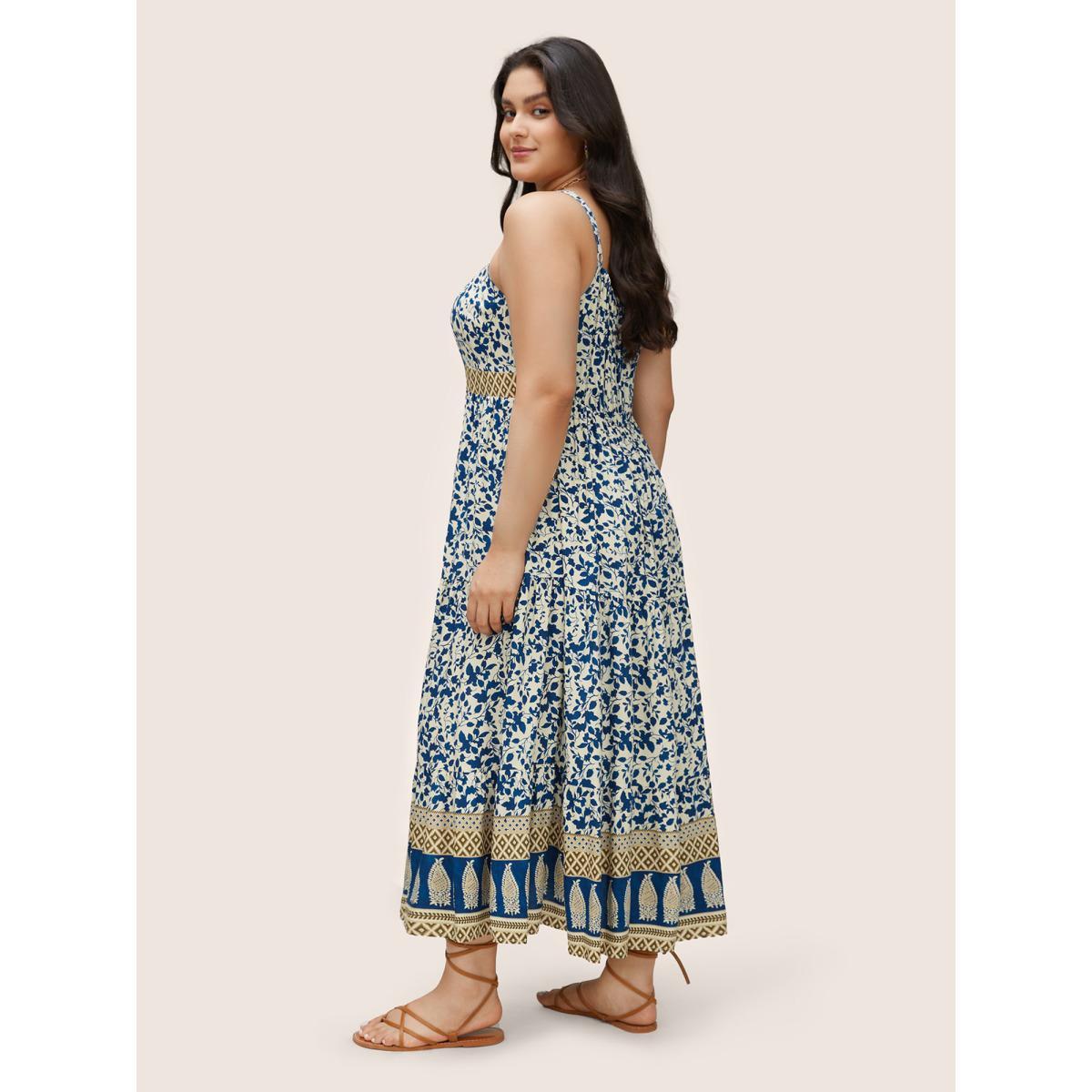 Plus Size Boho Print Patchwork Adjustable Straps Cami Dress DarkBlue Women Resort Non Spaghetti Strap Sleeveless Curvy Midi Dress BloomChic 30/6X Product Image