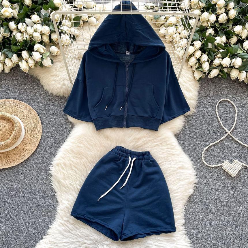 Set: Elbow-Sleeve Zip-Up Plain Crop Hoodie + Drawstring Waist Wide Leg Sweat Shorts Product Image